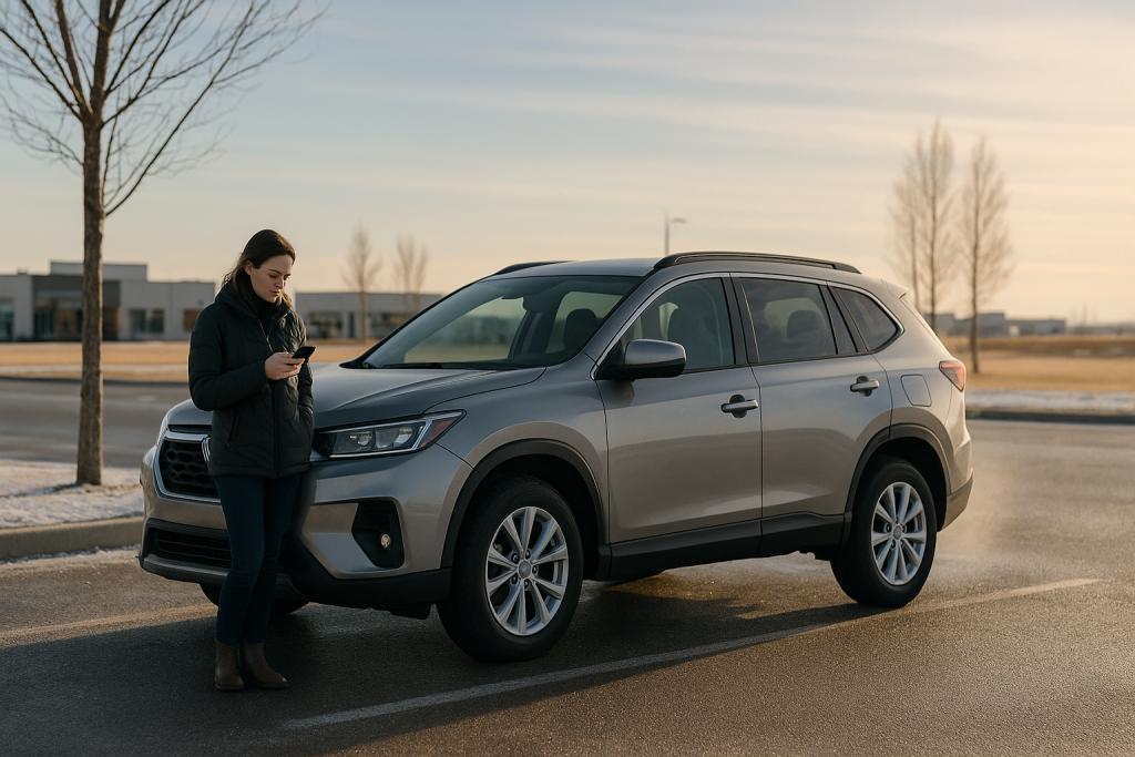 Woman in a winter jacket checking her phone beside a late-model SUV parked in a frosty prairie-city lot on a sunny winter afternoon.