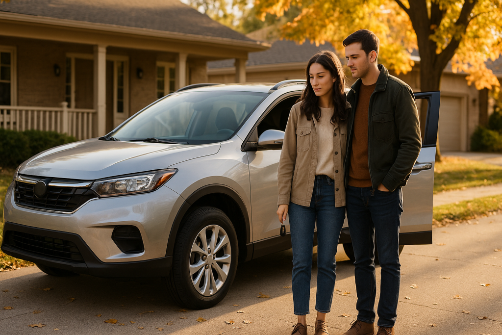 A young couple standing beside a silver compact crossover in the driveway of a suburban Canadian home on an autumn afternoon.