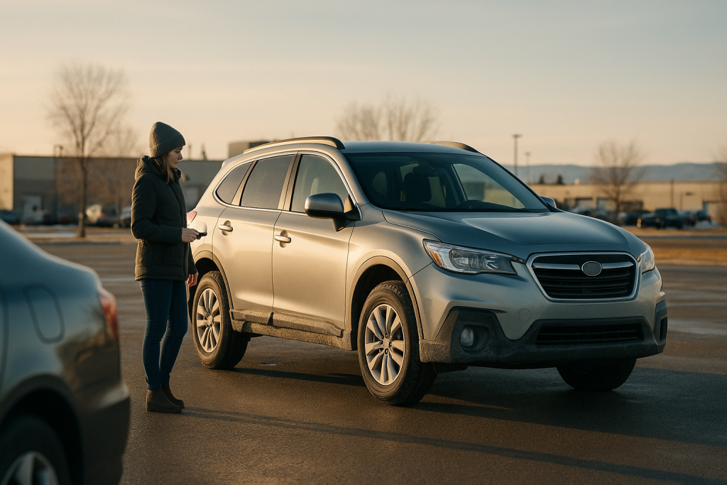 A woman in a winter jacket stands beside a used silver crossover SUV on an open paved lot at sunset, with a prairie city skyline and bare trees in the background.