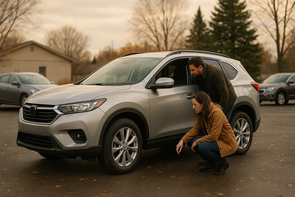 Two shoppers inspecting a late-model used SUV on an outdoor vehicle lot on an overcast autumn day.