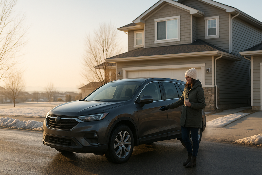 A woman in a winter coat holding coffee and keys beside a dark grey used crossover parked on a snowy suburban street on a bright winter morning.